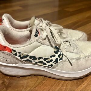 Nike Women’s Cream Sneakers with Black Leopard Swoosh and Coral Heel